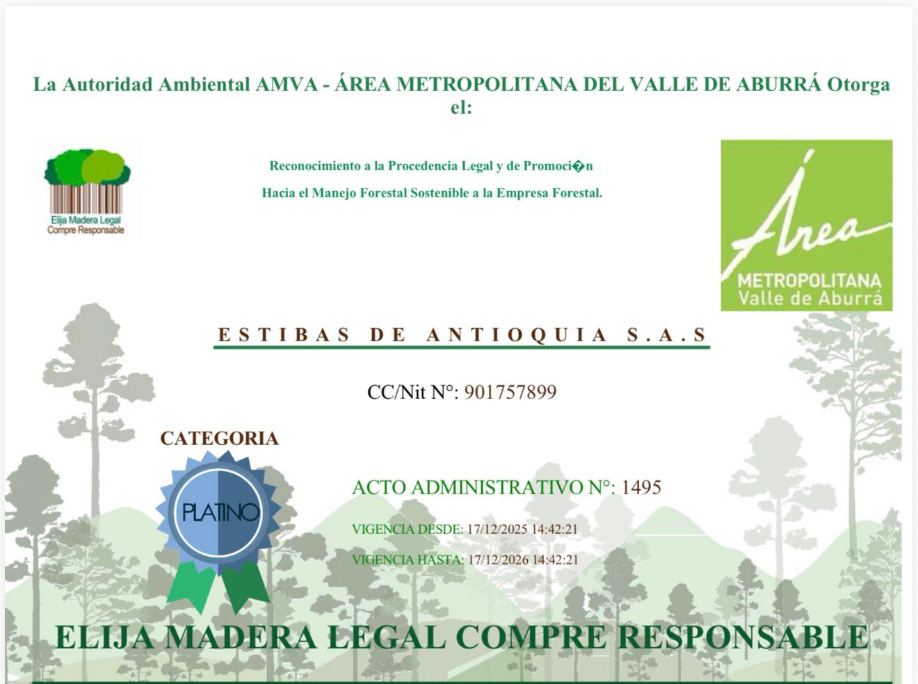 Certificado AMVA - Madera Legal Compre Responsable